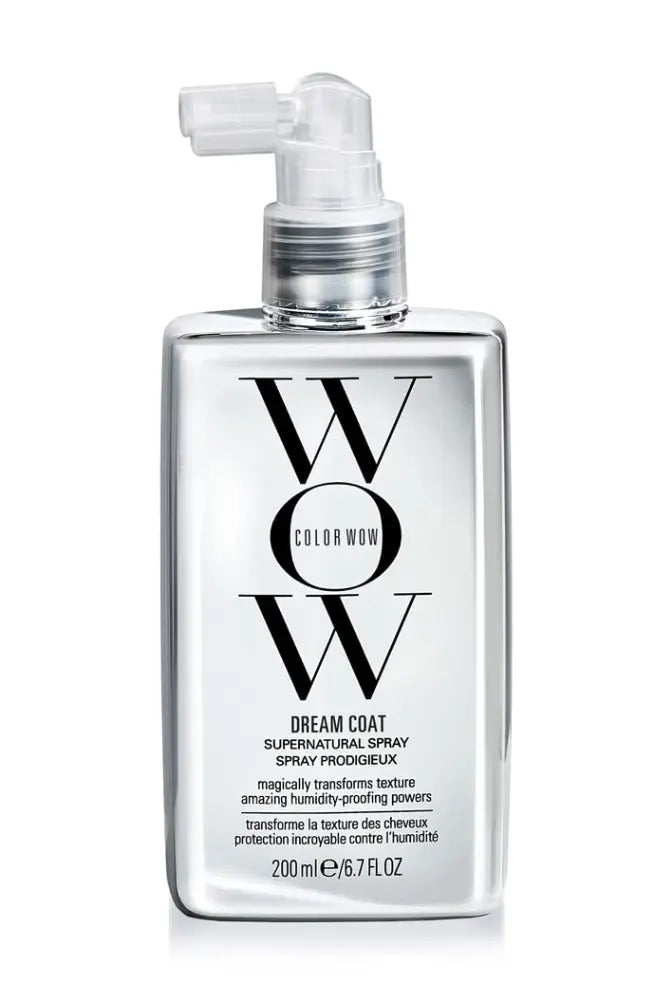 Color Wow Dream Coat Spray, humidity-blocking, heat-activated formula for sleek, silky hair, 200ml bottle.